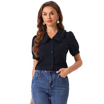 Women's Peter Pan Collar Short Sleeve Button Chambray Shirt