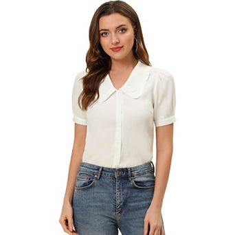 Women's Peter Pan Collar Short Sleeve Button Chambray Shirt