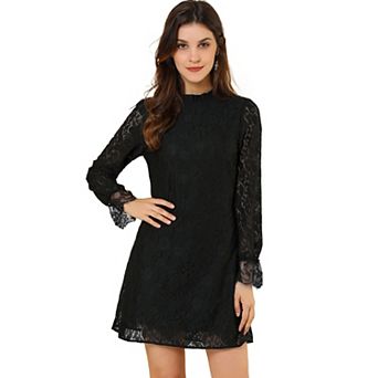 Women's Ruffle Crew Neck Long Sleeves Floral Lace Casual Mini Dress