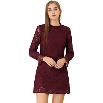 Women's Ruffle Crew Neck Long Sleeves Floral Lace Casual Mini Dress