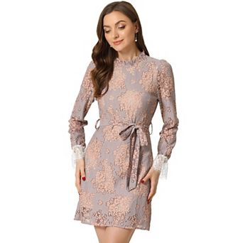 Women's Ruffle Crew Neck Long Sleeves Floral Lace Casual Mini Dress