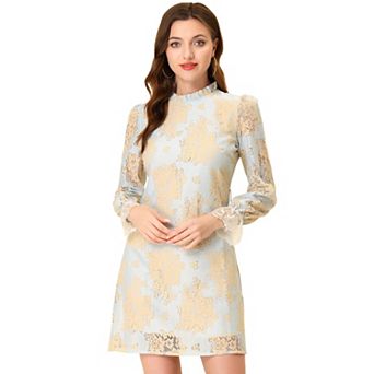 Women's Ruffle Crew Neck Long Sleeves Floral Lace Casual Mini Dress