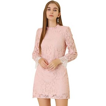 Women's Ruffle Crew Neck Long Sleeves Floral Lace Casual Mini Dress