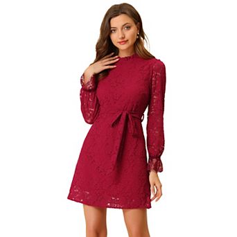 Women's Ruffle Crew Neck Long Sleeves Floral Lace Casual Mini Dress