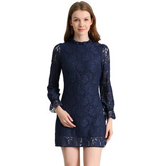 Women's Ruffle Crew Neck Long Sleeves Floral Lace Casual Mini Dress