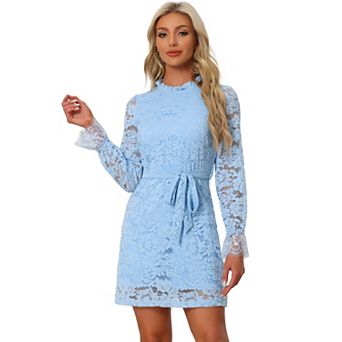 Women's Ruffle Crew Neck Long Sleeves Floral Lace Casual Mini Dress