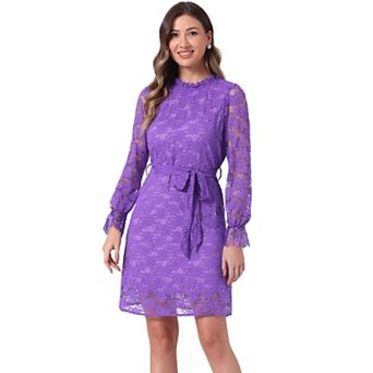 Women's Ruffle Crew Neck Long Sleeves Floral Lace Casual Mini Dress