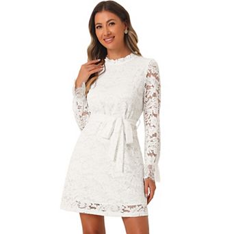 Women's Ruffle Crew Neck Long Sleeves Floral Lace Casual Mini Dress