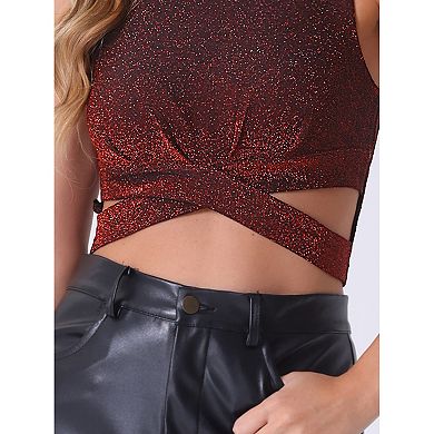 Women's Glitter Sleeveless Round Neck Criss Cross Crop Top