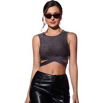Women's Glitter Sleeveless Round Neck Criss Cross Crop Top