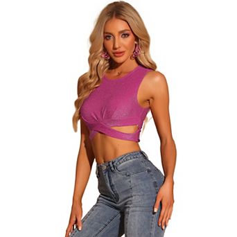 Women's Glitter Sleeveless Round Neck Criss Cross Crop Top