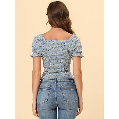 Women's Ruched Front Short Sleeve Floral Cropped Top