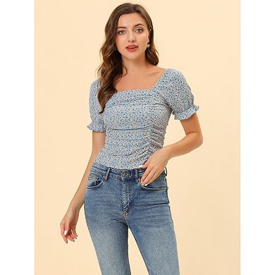 Women's Ruched Front Short Sleeve Floral Cropped Top