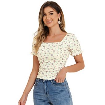 Women's Ruched Front Short Sleeve Floral Cropped Top