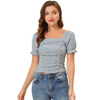 Women's Ruched Front Short Sleeve Floral Cropped Top
