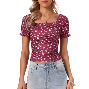 Women's Ruched Front Short Sleeve Floral Cropped Top