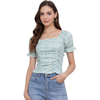 Women's Ruched Front Short Sleeve Floral Cropped Top