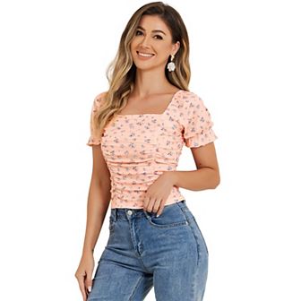 Women's Ruched Front Short Sleeve Floral Cropped Top