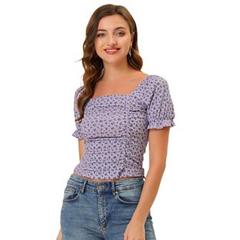 Women's Ruched Front Short Sleeve Floral Cropped Top