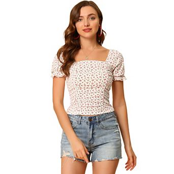 Women's Ruched Front Short Sleeve Floral Cropped Top
