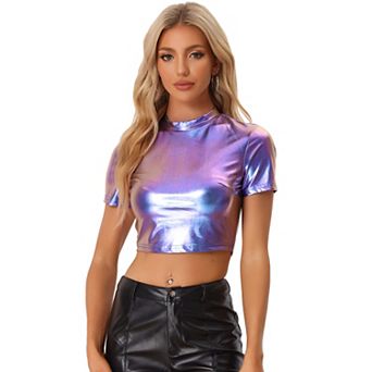 Women's Mock Neck Party Short Sleeve Metallic Crop Tops