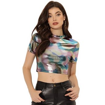 Women's Mock Neck Party Short Sleeve Metallic Crop Tops