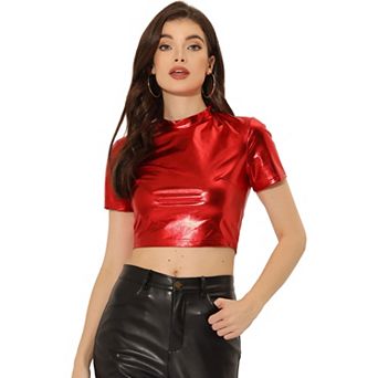 Women's Mock Neck Party Short Sleeve Metallic Crop Tops
