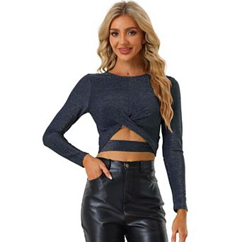 Women's Twist Long Sleeve Cut Out Front Glitter Cross Crop Tops