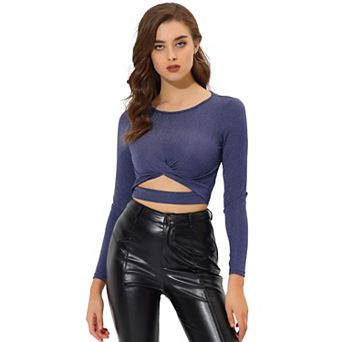 Women's Twist Long Sleeve Cut Out Front Glitter Cross Crop Tops
