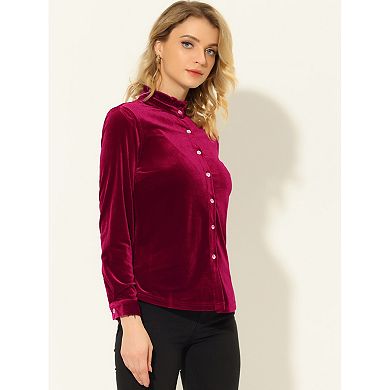 Women's Ruffled Stand Collar Long Sleeve Button Stretchy Velvet Shirt