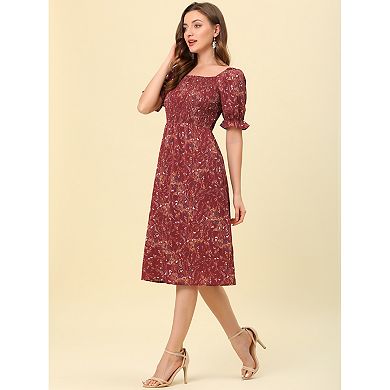 Women's Smocked Floral Square Neck Short Puff Sleeve Summer Midi Dress