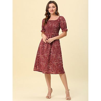 Women's Smocked Floral Square Neck Short Puff Sleeve Summer Midi Dress