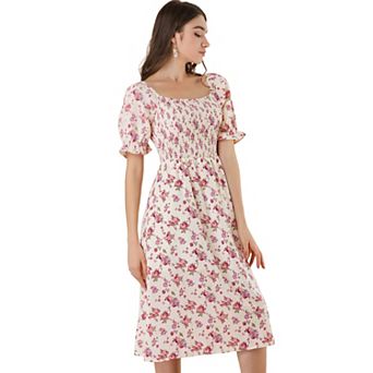 Women's Smocked Floral Square Neck Short Puff Sleeve Summer Midi Dress