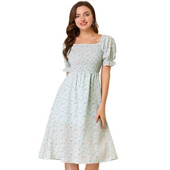 Women's Smocked Floral Square Neck Short Puff Sleeve Summer Midi Dress