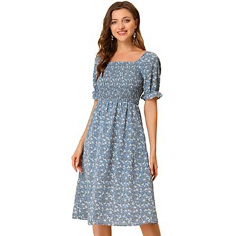 Women's Smocked Floral Square Neck Short Puff Sleeve Summer Midi Dress