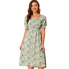 Allegra K Women's Floral Print Square Neck Smock Waist Puff Sleeve Short  Dress