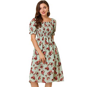 Women's Smocked Floral Square Neck Short Puff Sleeve Summer Midi Dress