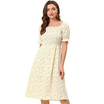 Women's Smocked Floral Square Neck Short Puff Sleeve Summer Midi Dress