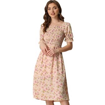Women's Smocked Floral Square Neck Short Puffy Sleeve Summer Midi Dress