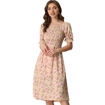 Women's Smocked Floral Square Neck Short Puff Sleeve Summer Midi Dress