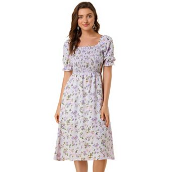 Women's Smocked Floral Square Neck Short Puff Sleeve Summer Midi Dress