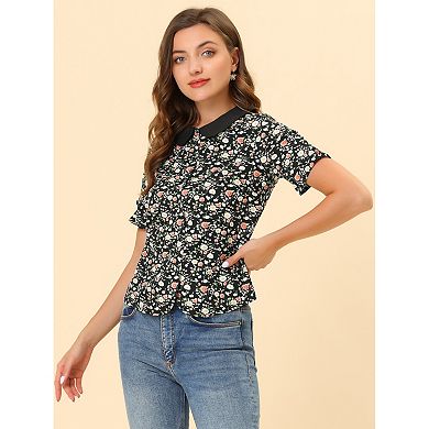 Women's Peter Pan Collar Puffy Short Sleeve Button Down Floral Shirt Top