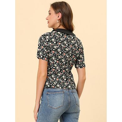 Women's Peter Pan Collar Puffy Short Sleeve Button Down Floral Shirt Top