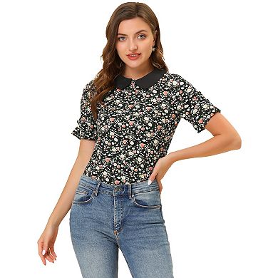 Women's Peter Pan Collar Puffy Short Sleeve Button Down Floral Shirt Top