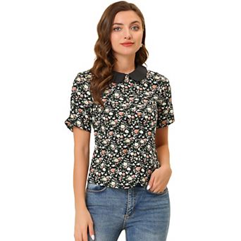 Women's Peter Pan Collar Puffy Short Sleeve Button Down Floral Shirt Top
