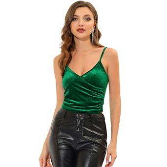 Women's Velvet Deep V Neck Cross Wrap Ruched Crop Cami Top