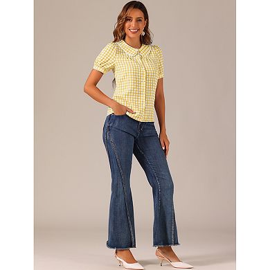 Women's Contrast Peter Pan Collar Blouse Short Sleeve Plaid Shirt Top