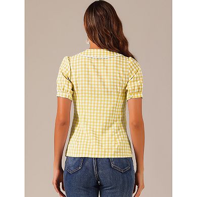 Women's Contrast Peter Pan Collar Blouse Short Sleeve Plaid Shirt Top