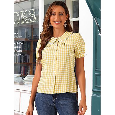 Women's Contrast Peter Pan Collar Blouse Short Sleeve Plaid Shirt Top