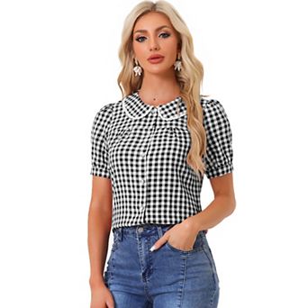 Women's Contrast Peter Pan Collar Blouse Short Sleeve Plaid Shirt Top